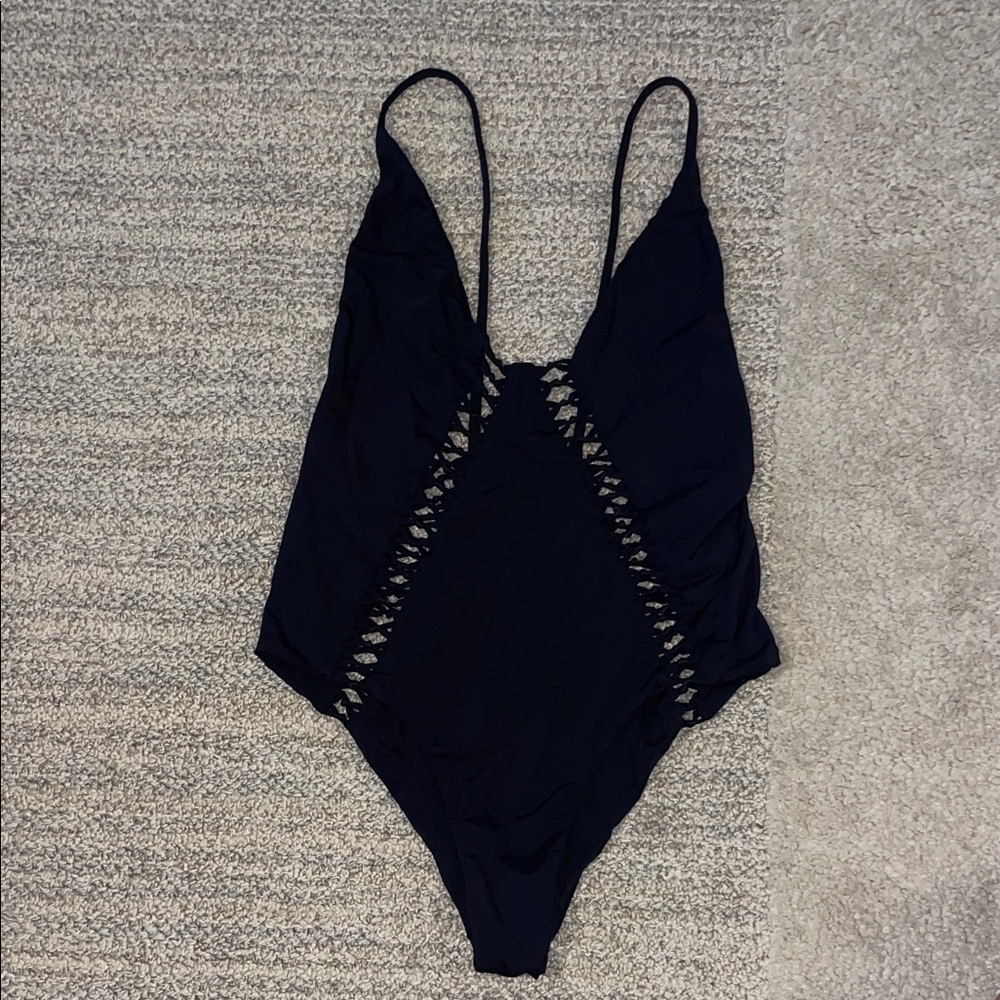 San Lorenzo Black Crochet-Panel One-Piece Swimsuit